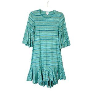 Lularoe Maurine Bell Sleeve Dress Womens Size XS Teal Stripe